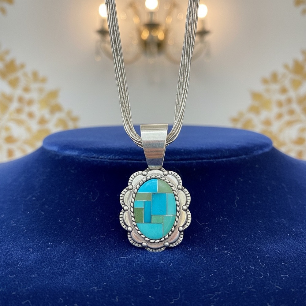 Silver Mosaic  Shades of Turquoise Necklace​ - Picture 2 of 7